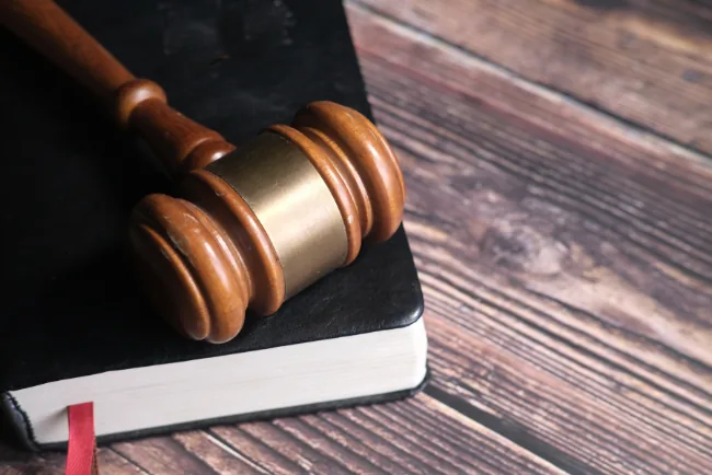Judge's gavel resting on a law book